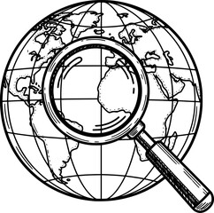 Magnifying glass overlaying globe for SEO, hand-drawn style