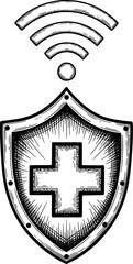 Shield with medical cross and wifi for telemedicine, hand-drawn style