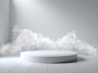 Obraz premium White Cylindrical Platform with Simulated Fog in White Room