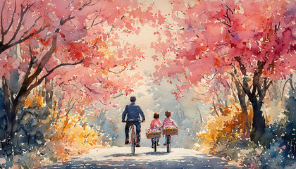 Watercolor of a family bicycling on a trail decorated with Easter motifs, stopping to enjoy a picnic under flowering trees