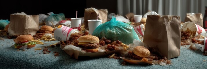 Fast food addiction in a cluttered bedroom scene