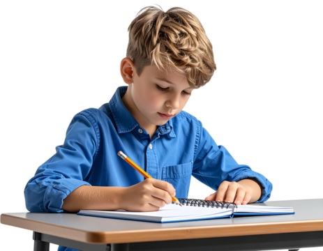 Boy writing in notebook on desk, isolated on a transparent background - Powered by Adobe
