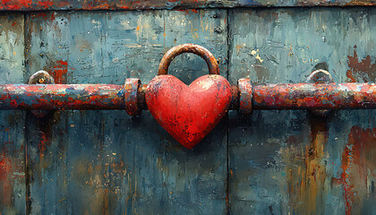 Watercolor of a heart-shaped lock fastened to a bridge rail, symbolizing unbreakable love