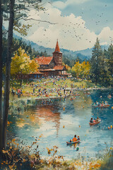 Watercolor of a lakeside Easter celebration, with families enjoying boat rides and egg-themed games