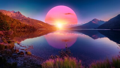 Fototapeta premium vibrant landscape featuring surreal sunset with large pink sun reflecting calm lake surrounded by mountains scene evokes sense of tranquility