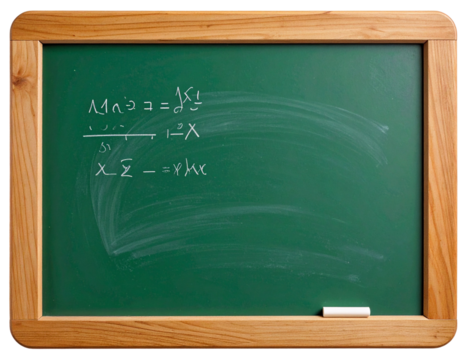 Realistic chalkboard with math equations, isolated on a transparent background
