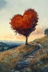 Watercolor of a heart-shaped tree carved with initials, standing alone in a field