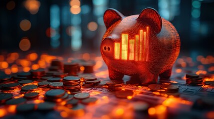 A glowing piggy bank with a financial graph on its side surrounded by coins