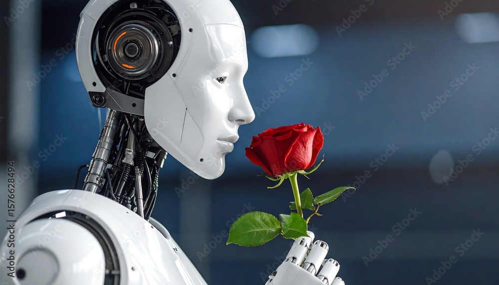 Poster android robot sniffs a red rose ai and love concept in futuristic setting.