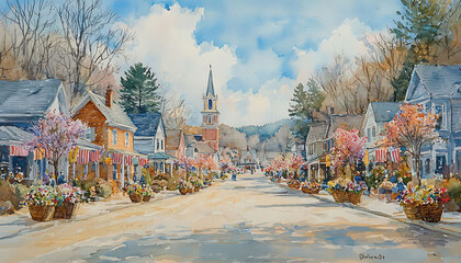 Watercolor of a small town's main street decorated with banners and baskets of Easter flowers for a parade