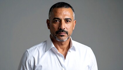 Serious man in white shirt against gray