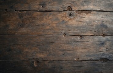 Obraz premium Close-up full frame of weathered dark brown wood texture background with visible grain patterns, knots, cracks. Aged timber planks with rustic, grunge feel, perfect for vintage natural design