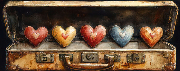 Watercolor of a vintage suitcase open, displaying heart-shaped souvenirs from around the world