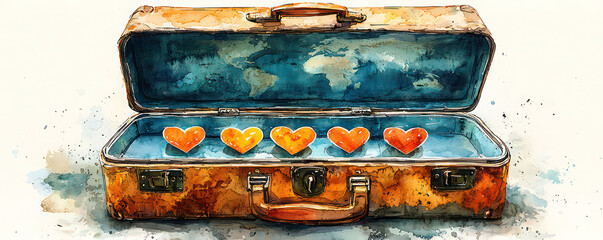 Watercolor of a vintage suitcase open, displaying heart-shaped souvenirs from around the world
