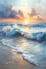 Watercolor of an early morning Easter service at a beach, with waves gently crashing in the background