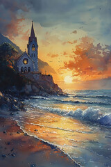 Watercolor of an early morning Easter service at a beach, with waves gently crashing in the background