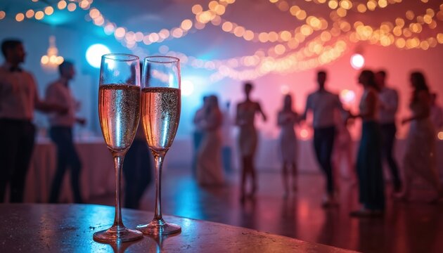 Elegant wedding reception features champagne glasses, fairy lights, dancing guests in beautifully decorated venue. Celebration atmosphere with festive decor, ambient lighting, elegant attire creates