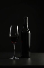 Fototapeta premium Elegant black bottle of red wine sits next to full wine glass on dark, reflective surface. Subtle lighting highlights bottle, glass, creating sophisticated, luxurious feel. Ideal for advertising,