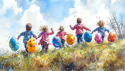 Watercolor of an Easter egg rolling contest on a grassy hill, with children cheering on their colorful eggs
