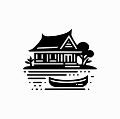 Fototapeta premium Minimalist Black Vector Logo of Batak House by Lake with Canoe Isolated on White Background