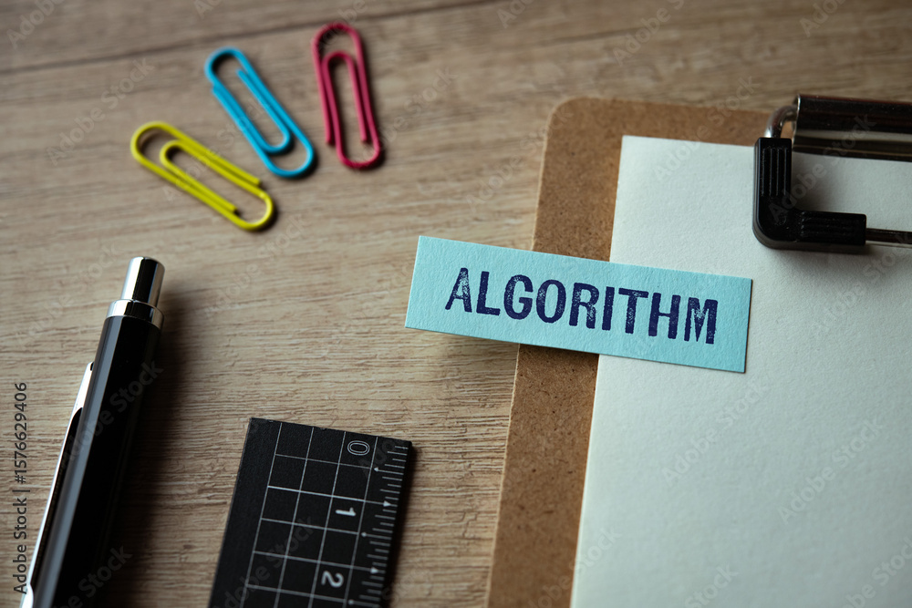 Poster there is sticky note with the word algorithm. it is as an eye-catching image.