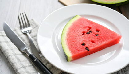 Watermelon Slice on White Plate with Fork and Knife, Morning Breakfast Setup
