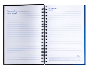 Realistic open notebook with handwritten notes, isolated on a transparent background