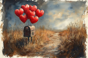 Watercolor of heart-shaped balloons tied to a mailbox, announcing a love-filled celebration