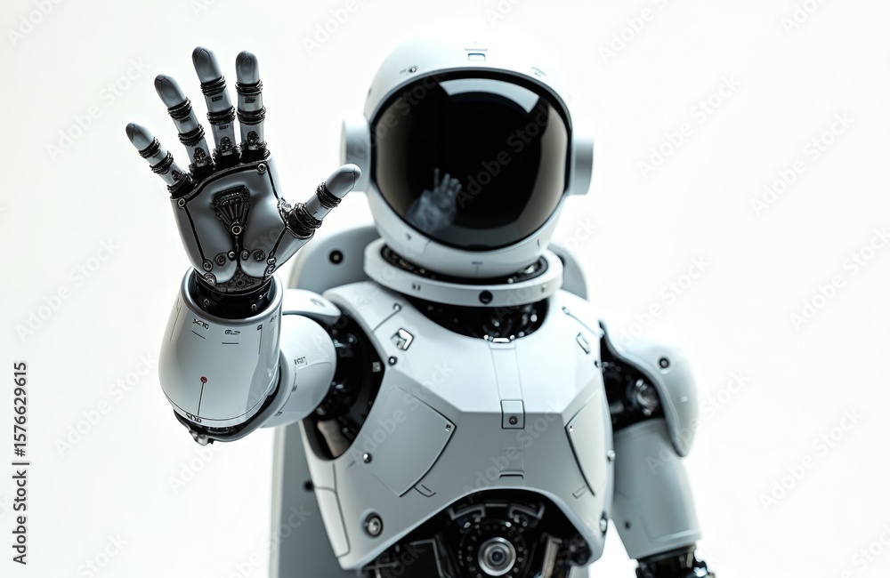 Poster robot astronaut standing on white background, looking at camera, waving with 5 fingers. futuristic v