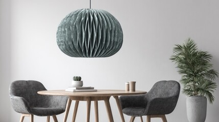 Modern dining room with a light teal pleated pendant lamp