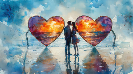 Watercolor of heart-shaped sunglasses reflecting a kiss between a couple on a sunny beach