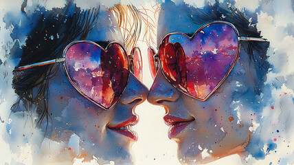Watercolor of heart-shaped sunglasses reflecting a kiss between a couple on a sunny beach