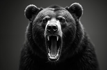 Fototapeta premium Black bear stands on hind legs with open mouth, revealing sharp teeth. Raised front legs and ears create startled or playful gesture. Simple beige background highlights bear striking features.