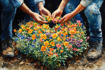 Watercolor painting of a couple planting a heart-shaped garden bed with vibrant flowers
