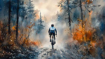 Watercolor painting of a cyclist on a misty forest trail