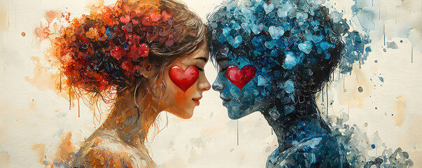 Watercolor painting of a couple painting heart-shaped murals on each other's cheeks at a festival