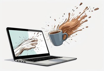 Coffee Splashing from Laptop Screen Digital Art Illustration