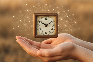Hands cupping vintage clock with digital network time