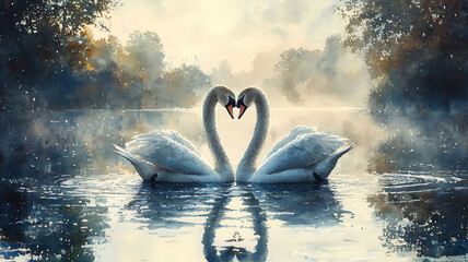 Watercolor painting of a pair of swans nesting together in a heart shape on a peaceful pond