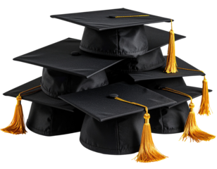 Stack of graduation caps with tassels, isolated on a transparent background
