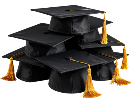 Stack of graduation caps with tassels, isolated on a transparent background