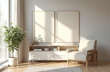 Modern living room with large window, natural light, white and beige furniture, wooden coffee table, green leaves, vase, white rug, picture frames, plant, greenery, interior design.