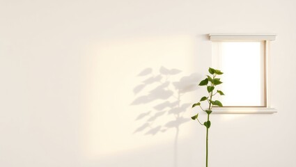 Serene Minimalist Plant Shadow on White Wall with Window