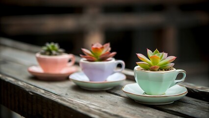 Fototapeta premium Three teacups with succulents on saucers sitting on a weathered wooden surface