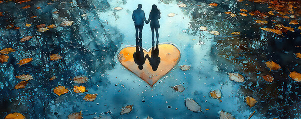 Watercolor painting of a couple's reflection in a heart-shaped puddle during a rainstorm