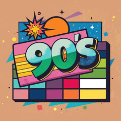 Retro nineties themed graphic design with vibrant colors and dynamic shapes, evokes nostalgia and vintage charm suitable for posters and social media designs with a playful style.