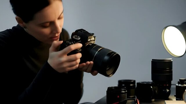 A female photographer reviewing shots, surrounded by camera equipment and lenses. - Powered by Adobe