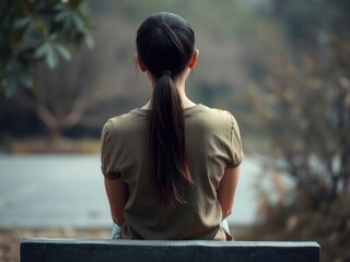 Woman Sitting on a Bench, Contemplative Pose in a Serene Outdoor Setting