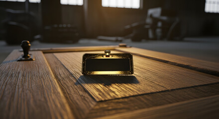 Close-up of a Detailed Wooden Door with a Decorative Handle and a Glimmering Object