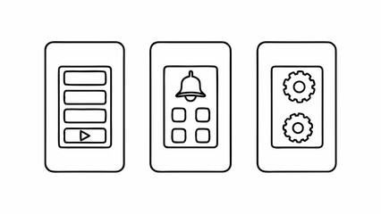 Three stylized smartphone screens with icons represent a menu, a notification bell, and settings; ideal for app development, user interface design, or showcasing mobile technology concepts.